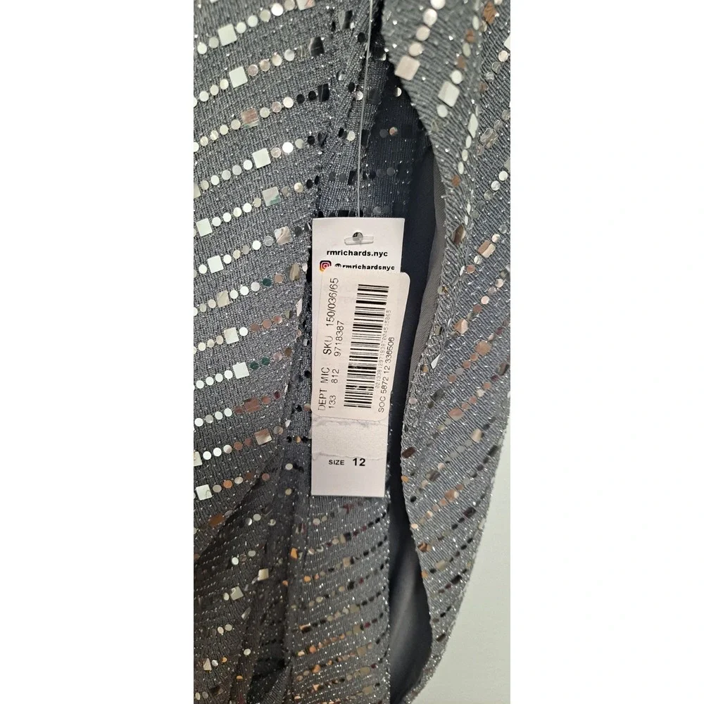 NWT Size 12 R&M Richards Full Length‎ Back Sleeve Silver Metalllic Gown